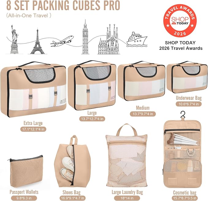 Veken 8 Set Packing Cubes for Travel Essentials, Suitcase Organizer Bags in 4 Sizes, Carry-On Luggage Accessories with Laundry Bag, Airplane Must Have with 99-Count Mesh Holes