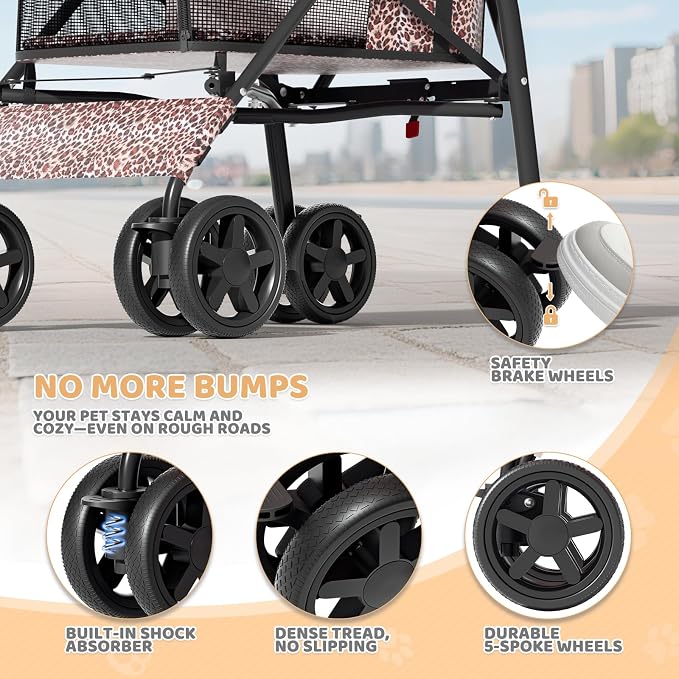 Magshion Compact Fold Pet Travel Stroller for Small Dogs Cats, Leopard | Up to 22lbs, 4-Wheel Lightweight Umbrella Shaped Design, Safety Tethers, Breathable Mesh, Cup Holder & Rear Storage