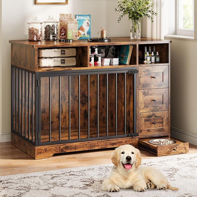 GarveeLife 48'' Dog Crate Furniture with Bowl, Medium Dog Cage, Retro Brown | Farmhouse Heavy Duty Dog Kennel with Storage Drawers, End Table for Small Medium Dogs