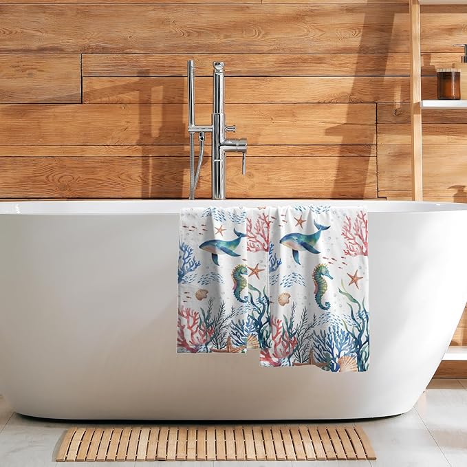 Giwawa Coastal Ocean Hand Towels Set of 2 Seahorse Whales Soft Microfiber Bath Towels Summer Fingertip Towels for Bathroom Kitchen Gym Spa Decor