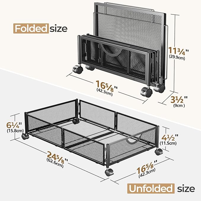 Yecaye Under Bed Storage with Wheels, 4 Pack Under Bed Shoe Storage, Black | Sturdy All-Metal Frame, Foldable, 360° Rolling Wheels, Tool-free Assembly, Underbed Storage Drawers for Shoes, Toys, Clothes
