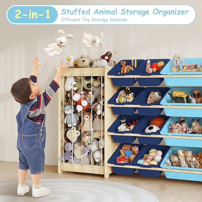 EXPERLAM Kids Toy Storage Organizer, 2-in-1 Stuffed Animal Storage & Toy Organizer w/12 Bins, Solid Wood Toy Rack Featuring Thicker Elastic Ropes, Playroom Nursery Bedroom Storage, Blue