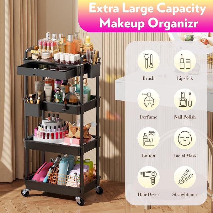 SUNALLY Makeup Cart Organizer with Drawer,4 Tier Rolling Makeup Cart, Black | Rolling Vanity Storage for Skin Care Perfume Nail Polish, Floor Skincare Organizers Cosmetics Display Bathroom Storage Cart