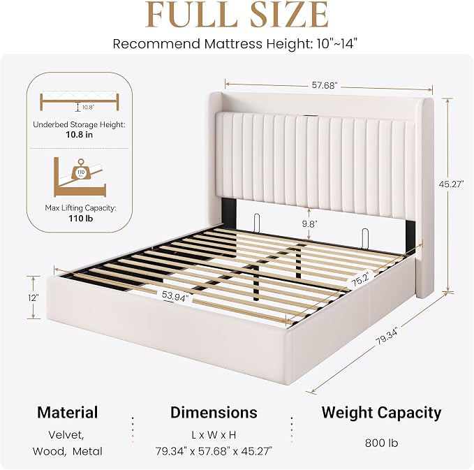 SHA CERLIN Full Size Lift Up Storage Bed Frame, Charging Station, White | Storage Headboard with Charging Station, USB, Type-C Port Velvet Hydraulic Storage Bed No Box Spring Needed Noise Free