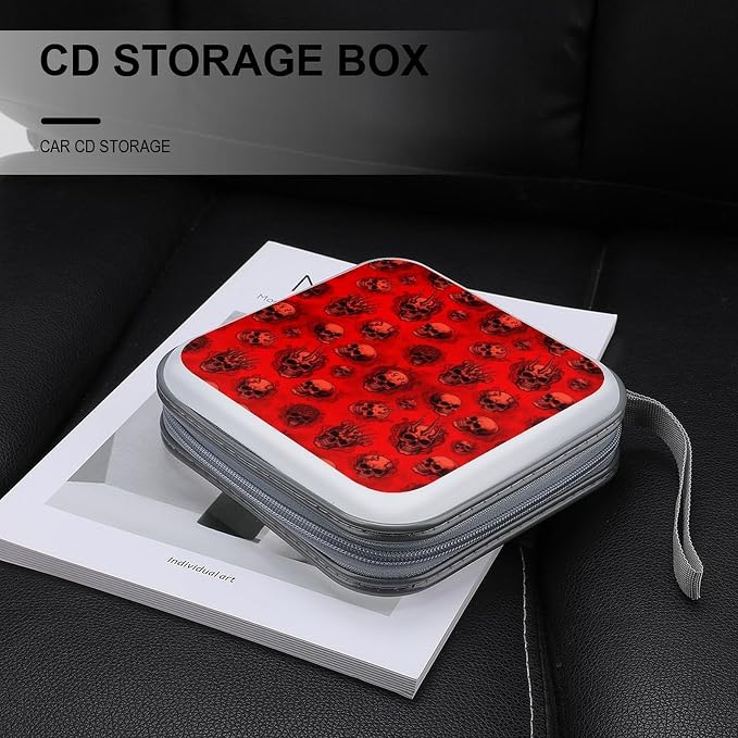 40 Capacity CD Case Red Horror Skull Protective DVD Holder Wallet | Red Horror Skull Disc Storage Organizer Binder, Hand Strap, Zipper Closure for Home Car