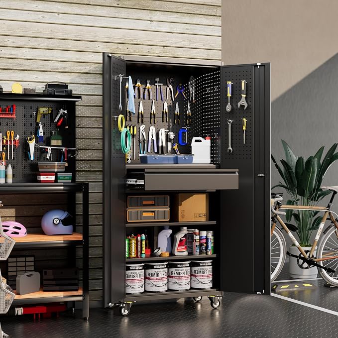 Reemoon Garage Storage Cabinet with Wheels and Doors,Lockable Metal Storage Cabinet with Drawer Pegboard and Hooks for Garage Warehouse Home,Required Assembly,Black,71" H×15" D×30" W