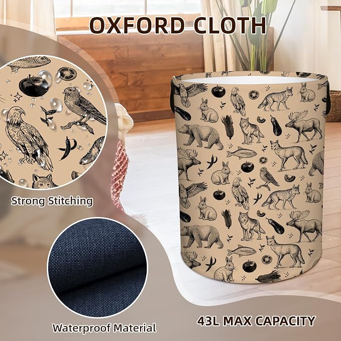 Animals Laundry Hamper for Girls Boys, Baby Nursery Laundry Basket for Bedroom, Round Collapsible Waterproof Storage Bin with Handles for Toys, Storage Basket for Clothes, Room Decor, 13.8x17.7in