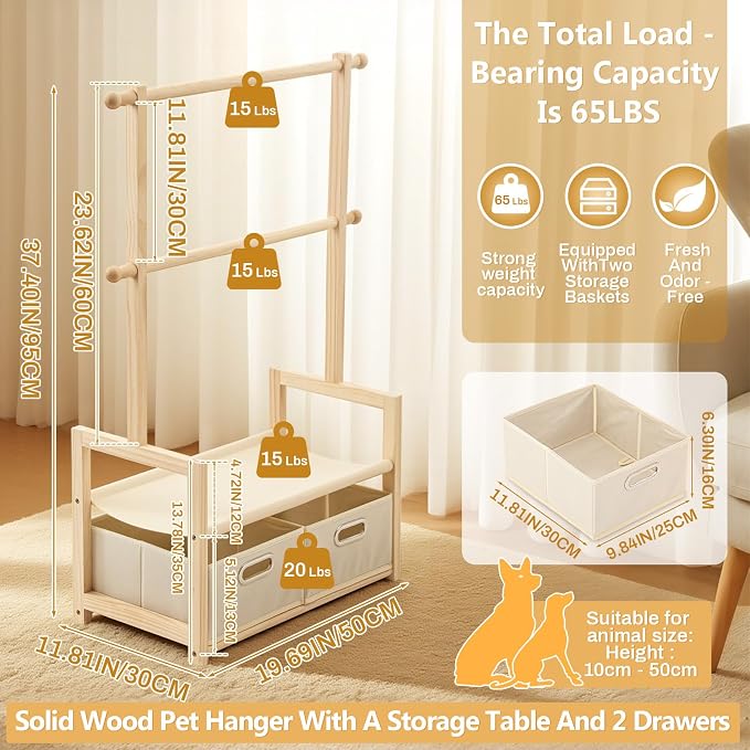 Teenyyou Dog Wardrobe Closet for Small Dogs, 37.4 x 19.7 x 11.8 in Wooden Dog Clothes Rack with 2 Hanging Rods, 2 Storage Baskets and Shelf, Pet Closet Organizer for Clothes, Toys, Leashes, Wood Color