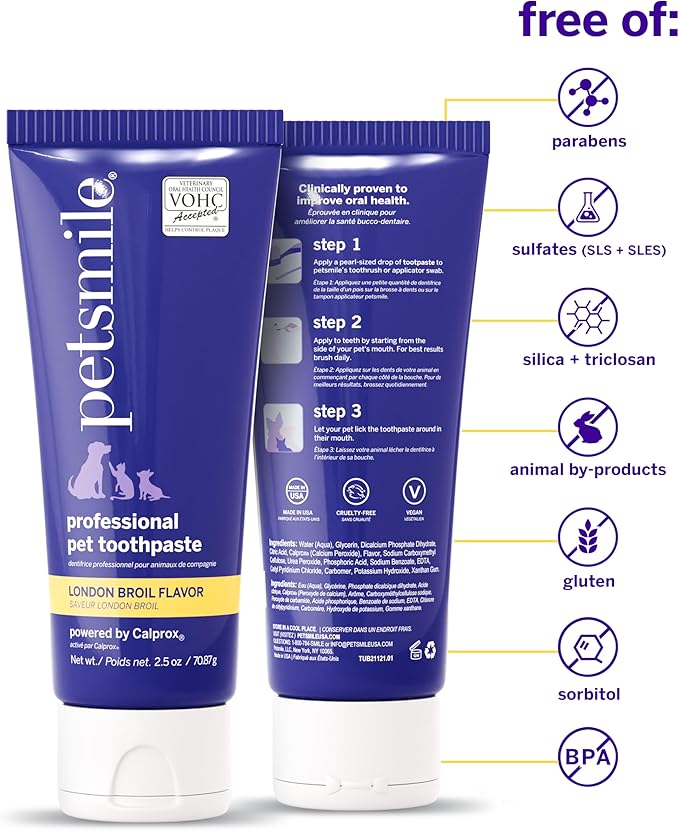 Petsmile Professional Pet Toothpaste for Cats & Dogs - VOHC Accepted Toothpaste - Clinically Proven to Control Plaque & Tartar Calprox Formula (London Broil, 2.5 Oz)