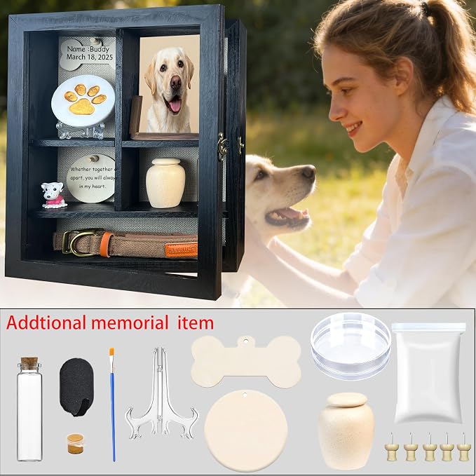 Solid Wood 11x14 Pet Memorial Shadow Box Frame with Adjustable Shelves Paw Print Kit Pet Urn Ashes Display Case Black Dog Memorial Gifts for Loss of Dog