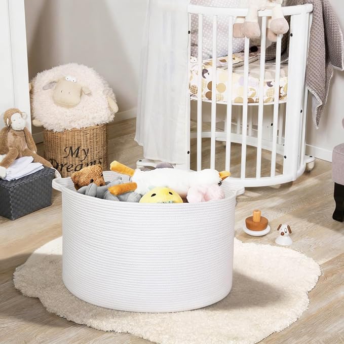 White Cotton Rope Storage Basket, 22" X 22" X 14" Extra Large Blanket Storage Living Room, XL Soft Toy Bin for Organizing, Woven Baby Laundry Basket with Handle, White Wicker Hamper Nursery