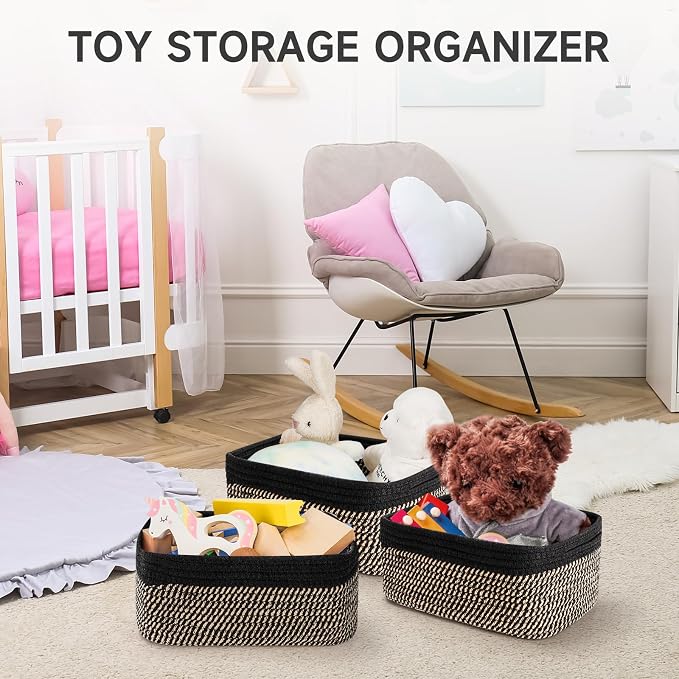 3 Pack Storage Baskets for Organizing, 13.7×9.5×6.3", Black Brown | Woven Baskets for Shelves, Cotton Rope Basket for Gifts Empty, Closet Organizer Bins with Handles, Cube Decorative Box