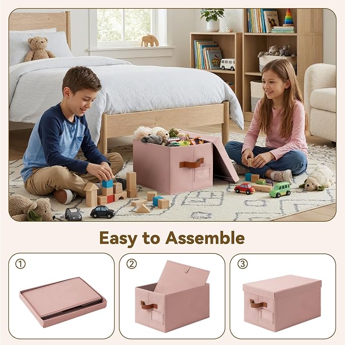 GRANNY SAYS Storage Bins with Lids, Decorative Storage Boxes with Lids | Storage Box with Dust Cover, Handles & Lable, Collapsible, Ideal for Closet Clothes Blanket Toys, Medium, Pink&Brown, 3-Pack