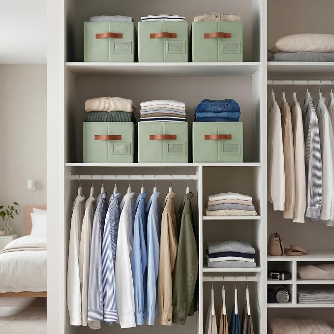 GRANNY SAYS Closet Storage Bins with Label, Sage Green, Medium, 3-Pack | Fabric Storage Bins, Closet Storage Bins for Shelves, Collapsible Storage Boxes, Decorative Storage Box