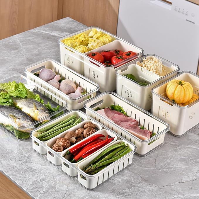Salad Bar Containers for Fridge with Lid Handle, Fruit Storage Veggie Tray | Salad Prep Container with 4 Removable Strainers, Berry Box Fresh Produce Saver Lettuce Keeper for Refrigerator Kitchen Picnic