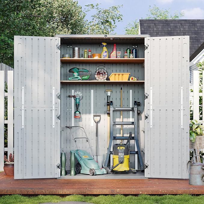 Aoxun Outdoor Storage Shed, 64 Cu.Ft Vertical Resin Sheds, White | Storage Sheds with Floor, Outdoor Waterproof Storage Cabinet for Garage Storage, Pool Storage, Bike Shed, Garden Shed