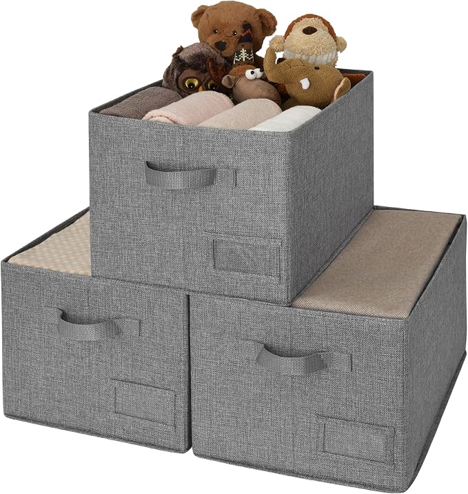 GRANNY SAYS Closet Storage Bins with Label, Dark Gray, Large, 3-Pack | Closet Storage Bins, Fabric Bins with Label Holder, Shelf Baskets for Organizing, Wardrobe Clothes Storage Boxes