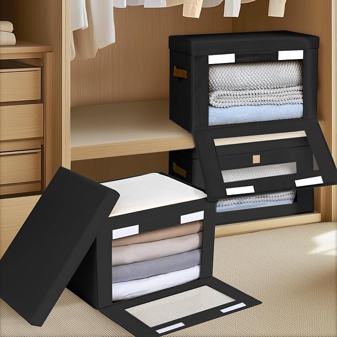 Large Closet Storage Bins - Collapsible Clothes Organizer with Handles & Window, Decorative Boxes with Lids, Linen Closet Organizers for Living Room, Dorm, 8 Pack, Black