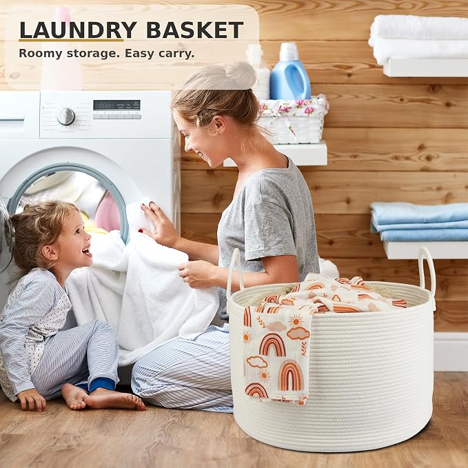 XUANGUO 66L Large Blanket Basket, Round Cotton Rope Basket, White | 20" x 13" Laundry Basket with Sturdy Handles for Blankets, Pillows and Toys; Storage for Living Room, Bedroom and Nursery