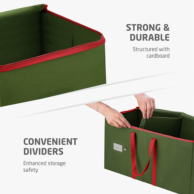 ZOBER Large Christmas Ornament Storage Box - Stores 54 4" Large Ornaments, With Dividers - Ornament Organizer Storage Box, Durable Christmas Containers Holder, Dual Zipper - Green
