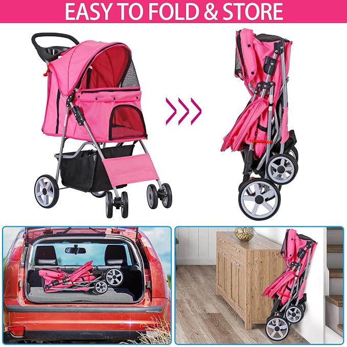 LEMY Foldable Pet Stroller,4 Wheels Cat/Dog Stroller with Weather Cover for Small/Medium Dogs and Cats,Pink Pet Strolling Cart with Storage Basket and Cup Holder
