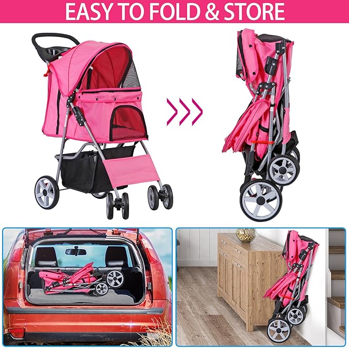 Pet Stroller for Medium Small Dogs - Easy to Walk Folding Travel Carrier Strolling Cart with Cup Holder, Weather Cover and Storage Basket (Pink)