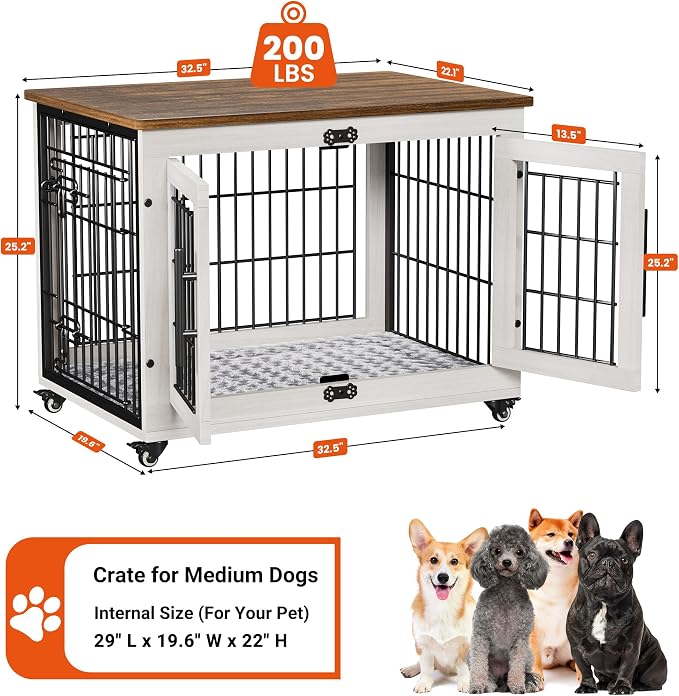 Medium Dog Crate Furniture, 32'' Heavy Duty Kennel w/Cushion & Wheels | White, Double Doors, Wooden Dog Cage, Chew-Resistant, End Table, Decorative, 27"/32"/38"/44" Options, Indoor