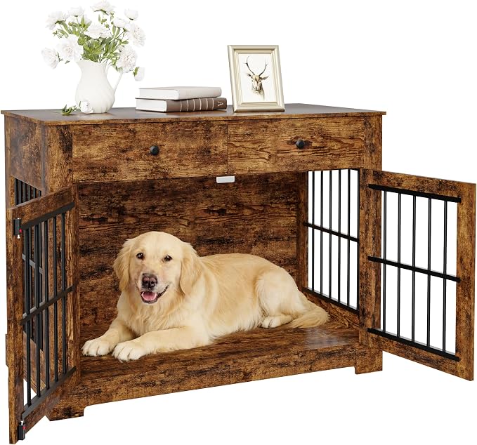44.5'' Dog Crate Furniture with Storage Dog Kennel w/2 Drawers, Heavy-Duty Wooden Dog House Indoor End Table Tv Stand with Charging Station Pet Cage for Small/Medium Dogs(Brown)