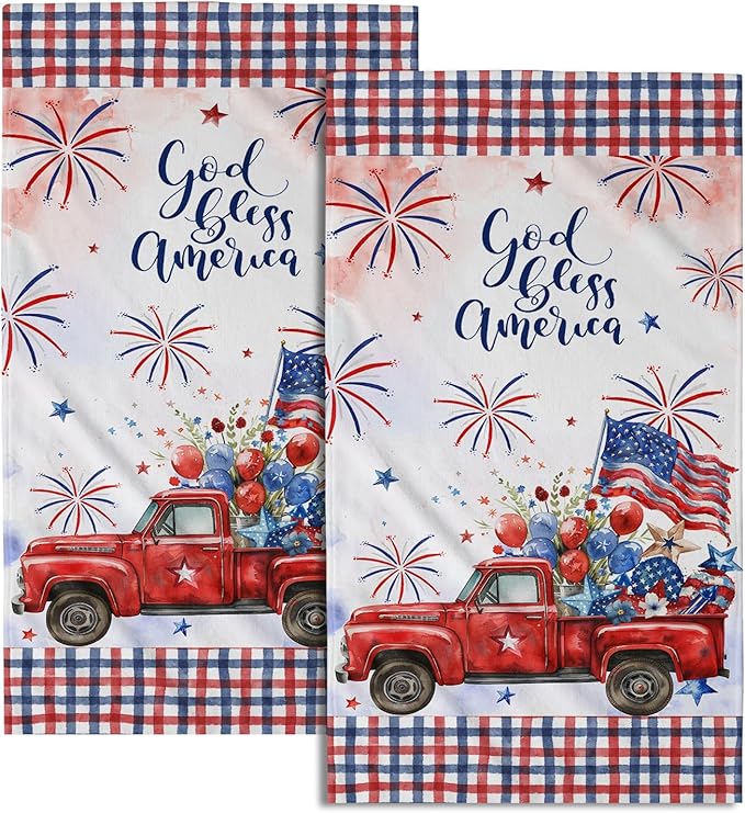 Giwawa 4th of July American Truck Hand Towels Set of 2 Independence Day Bath Towels Soft Absorbent Patriotic Holiday Decorative Fingertip Towels