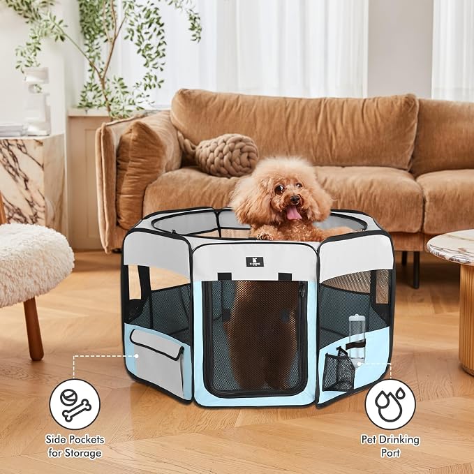 X-ZONE PET Foldable Dog Playpen, Portable Pet Play Pen for Puppy Cat, Blue | Pop‑Up Dog Playpens Indoor & Outdoor, Waterproof Dog Kennel Cage, Removable Top, Travel Camping Playpen, Large Size