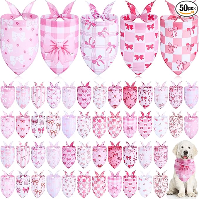 Kacctyen 50 Pcs Pink Dog Bandanas Bulk Spring Bandana for Dogs Grooming with Aesthetic Bowknots Pattern Adjustable Scarf Bib Washable for Small Medium Large Puppy Cats Pets Costume Accessories