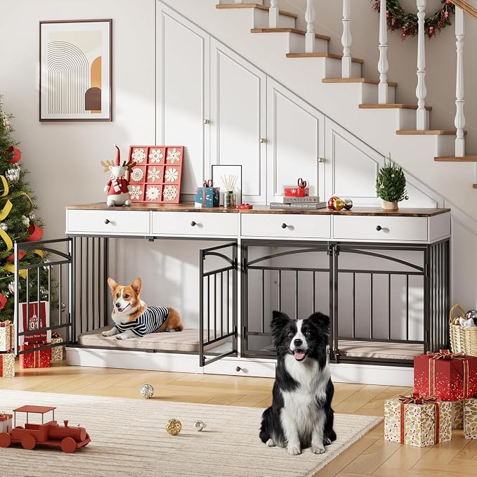 Dog Crate Furniture for 2 Dogs, Double Dog Crate TV Stand, White | 78.7'' Large Dog Kennel Indoor, 4 Storage Drawers and Feeding Bowls, Pet Kennel for Small and Medium Dogs