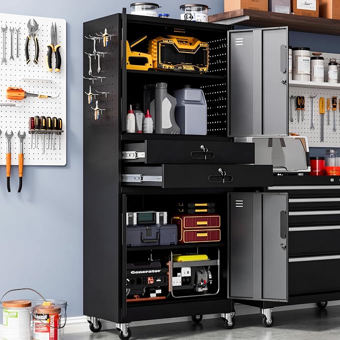 Metal Storage Cabinet for Garage, Tool Cabinet, Utility Cabinet | with Wheels, Tall Tool Cabinet, Lockable, 4 Doors,2 Drawers, Adjustable Shelves, Pegboard, Assembly Required, Black