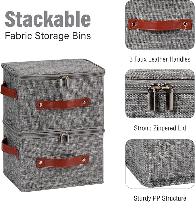 3PCS Storage Bins Boxes with Zippered Lid Decorative Baskets | Cotton Linen Fabric, Washable Foldable Stackable Clothes Container, Closet Shelf Organizer w/ PU Leather Handles, Gray-Small