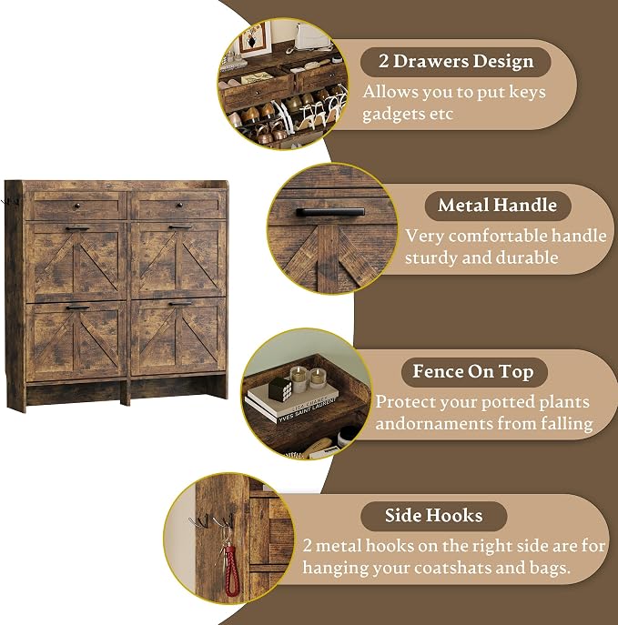 BORNOON Shoe Storage Cabinet for Entryway, Farmhouse Wide Shoe Cabinet with 4 Flip Drawers and 2 Top Drawers, Freestanding Organizer with Adjustable Shelves, Hooks, and Anti-Tip Kit for Hallway