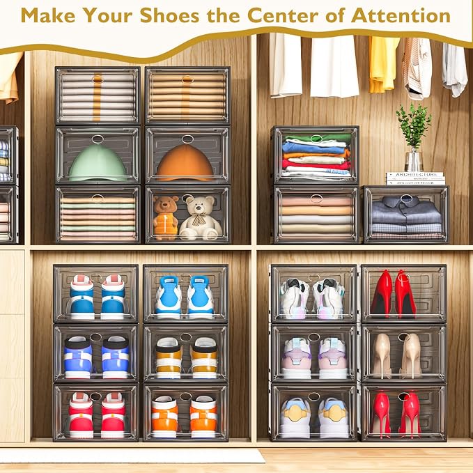 Large Thick Clear Shoe Organizer, Magnetic Door Stackable Shoe Storage Box | Foldable Shoe Storage Boxes for Sneakers & Boots, Space-Saving Closet Shoe Cabinet with Clear Magnetic Door, 9 Pack Black
