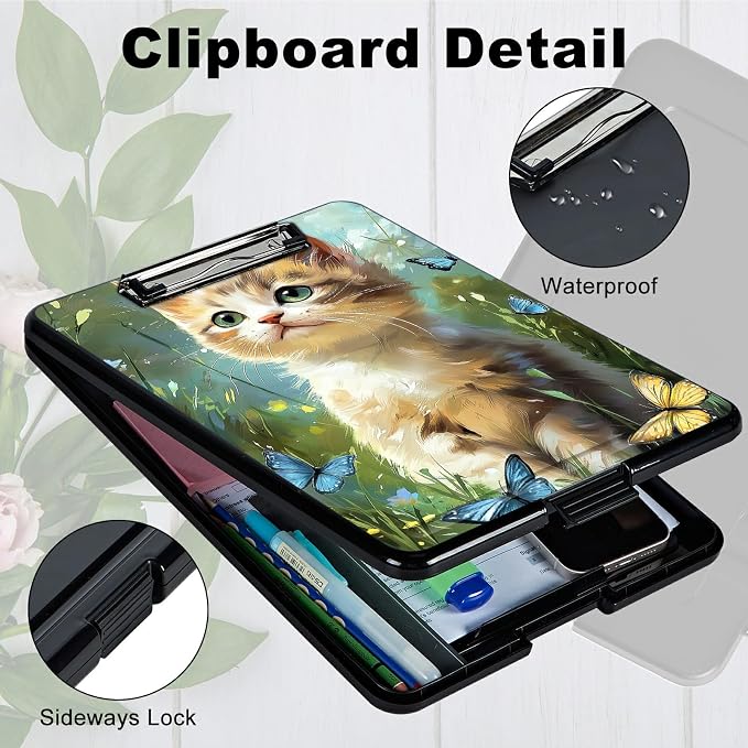 Heavy Duty Storage Clipboard, Slim Nursing Clipboard with Internal Pen Case, Portable File Organizer Case for A4 Letter Size Paper Office Medical Professionals, Lawn Cat Butterfly