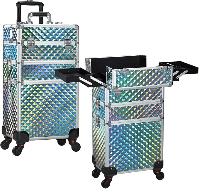 Rolling Makeup Train Case Cosmetology Case on Wheels 3 in 1 Blue | Cosmetic Trolley Large Storage with Keys 360° Swivel Salon Barber Case Traveling Cart Trunk for Artist Hairstylists Nail Tech