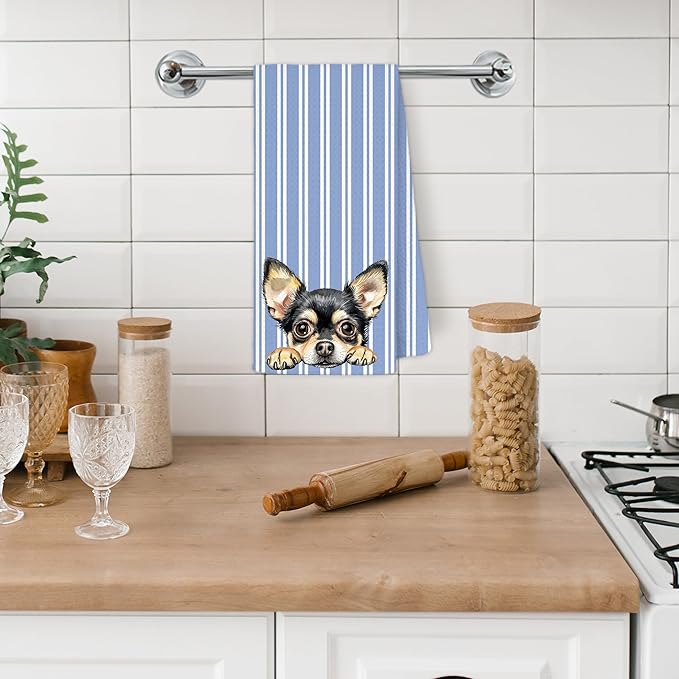 Blue and White Striped Chihuahua Dog Kitchen Towels, Chihuahua Gifts for Women Dish Tea Towels for Kitchen Decor, Dog Lovers Mom Dad Gifts Hand Towel for Bathroom Decor, 16x24 Inch