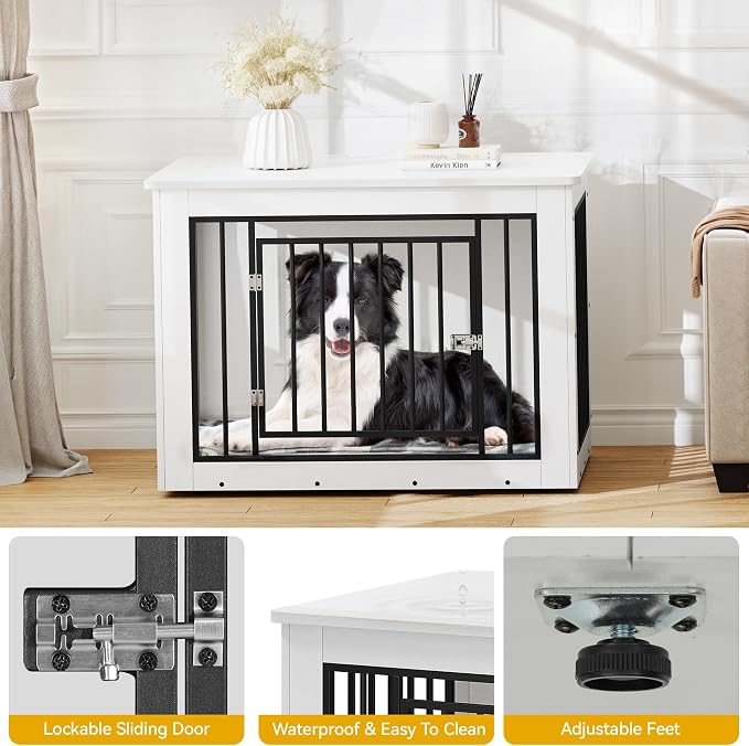 DWVO 38 Inch Dog Crate Furniture Chew-Resistant for Dogs | Dog Kennel Indoor Furniture End Table, Farmhouse Decorative Wooden Cage, Chew-Resistant, White