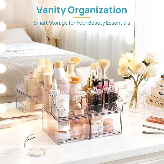 Vtopmart 7 PCS Bathroom Countertop Organizer | 1 Divided Tray, 4 Qtip Holder Jars, 2 Drawers, Clear, For Toothbrush, Cotton Pads, for bathroom countertop