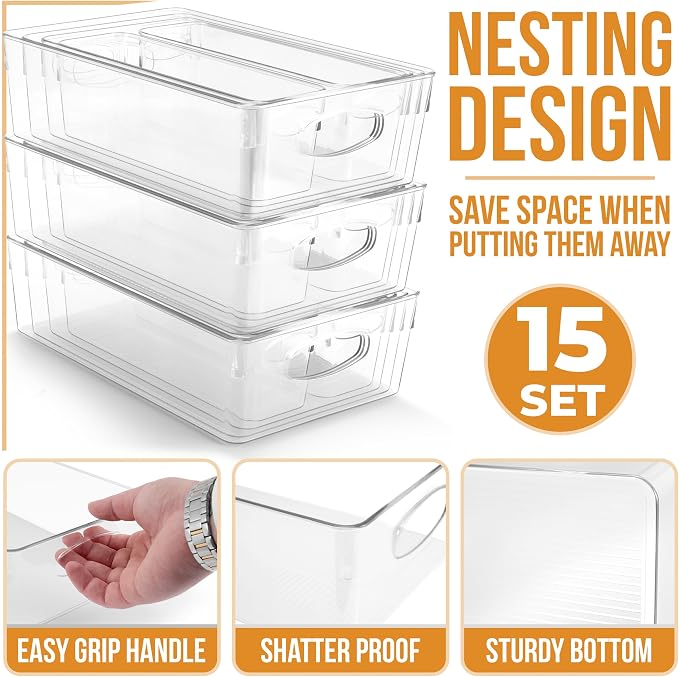Sorbus Fridge Organizers and Storage, Clear Bins (15 Pack) | Handles support easy access and transport for pantry shelves, freezers, drawers and medicine-cabinet organization.