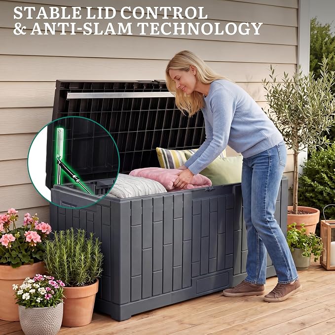 YITAHOME Large Deck Box 120 Gallon Resin Outdoor Storage Box | Patio Storage Bin Bench Seat for Outdoor Pillows, Garden Tools and Pool Supplies, Waterproof Lockable, Dark Gray