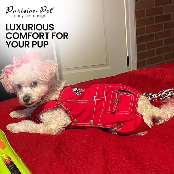 Parisian Pet Red Dog Overalls - Route 66 Denim Dog Clothes - Breathable Sling Puppy Jumpsuit - Durable and Trendy Overalls for Dogs - Comfortable Jeans Dog Clothes for Large Dogs - Classy Pet Apparel