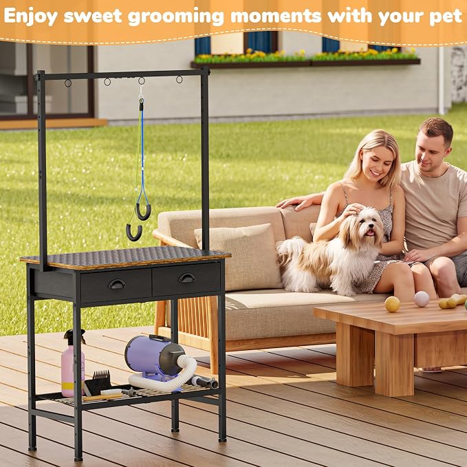 Cutogxon Dog Grooming Table for Small Dogs at Home | Adjustable Height Pet Grooming Table with Double Drawers,Mesh Tray,Non-slip Removable Washable Mat and EVA Protective Lanyard