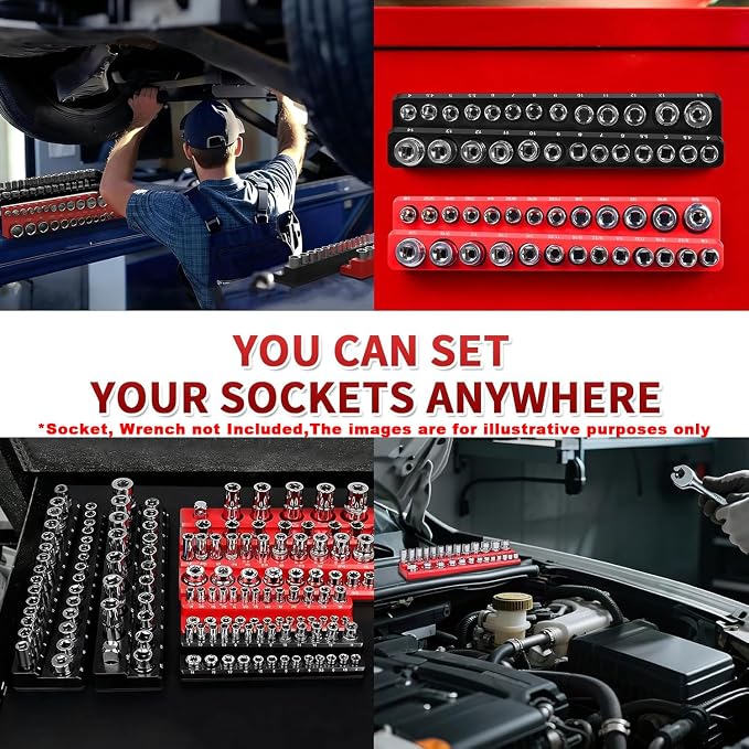 Magnetic Socket Organizer Set, 8PCS Socket Holder, 6 Socket Trays & 2 Wrench Racks, Metric & SAE Tool Box Organizer for 1/4", 3/8", 1/2" Sockets for Toolbox Storage(Socket, Wrench not Included)