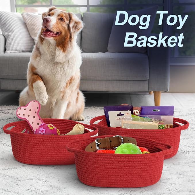 Red Woven Basket, 13" x 9" x 5" Baskets for Gifts Empty, Cute Cotton Rope Cat Dog Toy Bin Box, Small Woven Bin for Organizing, Red Room Decor, Nursery Cloth Diaper Storage Organizer