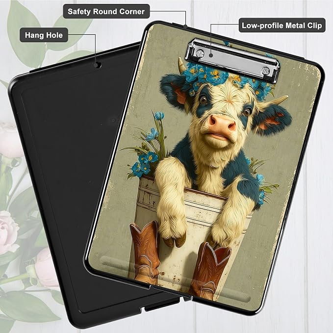 Heavy Duty Storage Clipboard, Slim Nursing Clipboard with Internal Pen Case, Portable File Organizer Case for A4 Letter Size Paper Office Medical Professionals, Cow Blue Flower