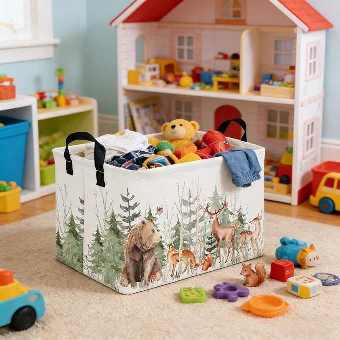 Rectangular Storage Basket,Kids Basket Animal Baskets Cute Storage Bins,Waterproof Collapsible Clothes Kids Storage Basket,Gift Basket,Animals Room Decor(Woodland Animal)