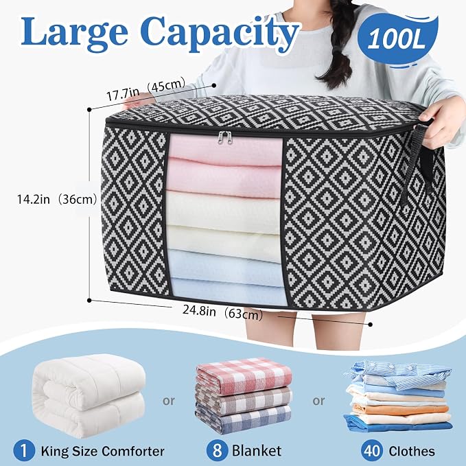 100L 4 Pack Storage Bags, Foldable Clothes Bins with Clear Window, Black | Blanket Storage Containers with Reinforced Handles for Bedding, Comforters, Clothing, Quilts and Closet Organization